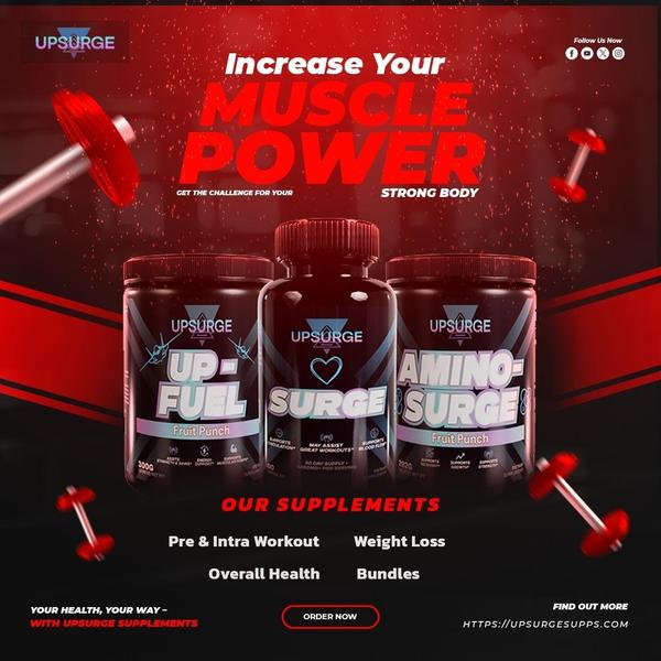 fitness supplements, workout supplements, protein powder, pre workout, amino acids, nutritional supplements, sports nutrition, product launch, brand awareness, modern typography, energetic, bold, red, black